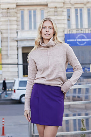 Kadın Hafif Likralı Kumaş Yüksek Bel Anvelop Kruvaze Hafif Mini Kalem Etek-Mor