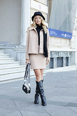 Kadın Hafif Likralı Kışlık Kaşe Yüksek Bel Diz Üstü Hafif Mini Kalem Etek(Boy 47cm)-Koyu Bej 