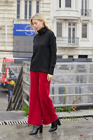 Kadın Degaje Balıkçı Yaka Uzun Kol Hafif Esnek Uzun Triko Kazak-Siyah