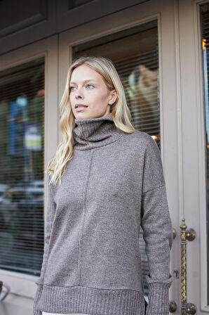 Kadın Degaje Balıkçı Yaka Uzun Kol Hafif Esnek Uzun Triko Kazak-Vizon