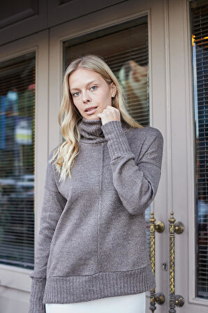 Kadın Degaje Balıkçı Yaka Uzun Kol Hafif Esnek Uzun Triko Kazak-Vizon