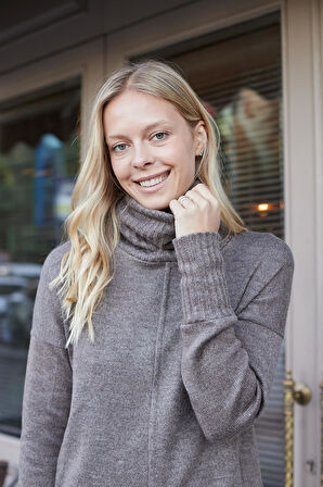 Kadın Degaje Balıkçı Yaka Uzun Kol Hafif Esnek Uzun Triko Kazak-Vizon