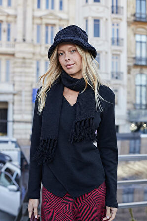 Kadın Kruvaze Uzun Kol Hafif Esnek Triko Kazak Bluz-Siyah