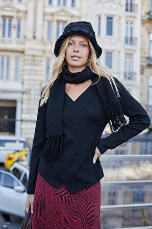 Kadın Kruvaze Uzun Kol Hafif Esnek Triko Kazak Bluz-Siyah