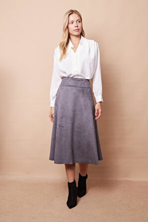 Hafif Likralı Süet Kumaş Yüksek Bel Kiloş Uzun Etek-Gri 