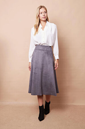 Hafif Likralı Süet Kumaş Yüksek Bel Kiloş Uzun Etek-Gri 