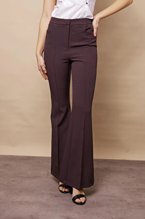 Kadın Yüksek Bel Cepli İspanyol Paça Önü Dikişli Hafif Likralı Kumaş Pantolon(Ceket kodu Jument 30080)-Kahve