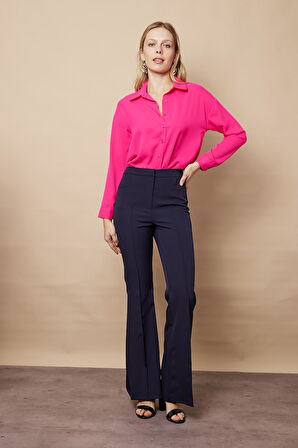 Kadın Yüksek Bel Cepli İspanyol Paça Önü Dikişli Hafif Likralı Kumaş Pantolon(Ceket kodu Jument 30080)-Lacivert