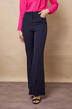 Kadın Yüksek Bel Cepli İspanyol Paça Önü Dikişli Hafif Likralı Kumaş Pantolon(Ceket kodu Jument 30080)-Lacivert