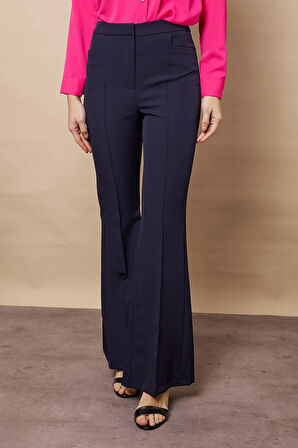 Kadın Yüksek Bel Cepli İspanyol Paça Önü Dikişli Hafif Likralı Kumaş Pantolon(Ceket kodu Jument 30080)-Lacivert