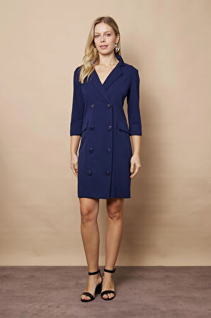 Yakalı Sırt Dekolteli Anvelop Truvakar Kol Likralı Krep Kumaş Düğmeli Ceket Elbise-Lacivert