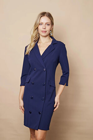 Yakalı Sırt Dekolteli Anvelop Truvakar Kol Likralı Krep Kumaş Düğmeli Ceket Elbise-Lacivert