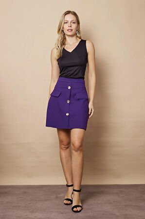 Kadın Diz Üstü Yüksek Bel Önü Düğmeli Cep Kapaklı Hafif Likralı Kumaş Çan Etek-Mor