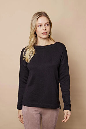 Kadın Hafif Esnek Trkio Kayık Yaka Düşük Omuzlu Uzun Kol Kazak Bluz-Siyah