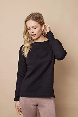 Kadın Hafif Esnek Trkio Kayık Yaka Düşük Omuzlu Uzun Kol Kazak Bluz-Siyah