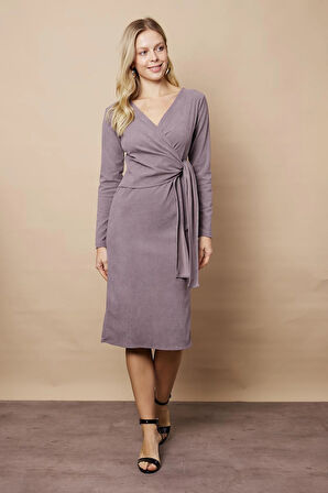 Kadın Kadife Kumaş Kruvaze Anvelop Bağcıklı Uzun Kol Diz Altı Elbise-Gri