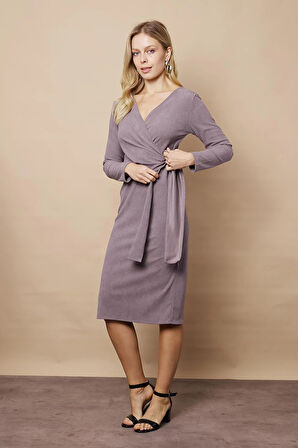 Kadın Kadife Kumaş Kruvaze Anvelop Bağcıklı Uzun Kol Diz Altı Elbise-Gri