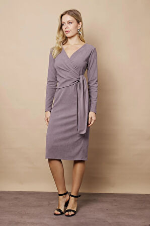 Kadın Kadife Kumaş Kruvaze Anvelop Bağcıklı Uzun Kol Diz Altı Elbise-Gri