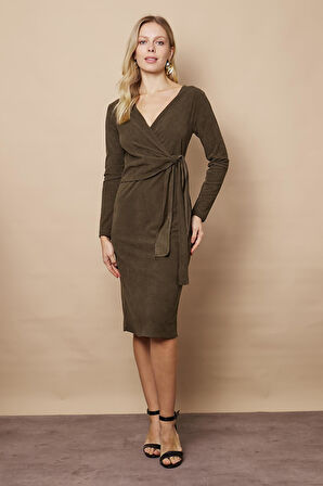 Kadın Kadife Kumaş Kruvaze Anvelop Bağcıklı Uzun Kol Diz Altı Elbise-Haki