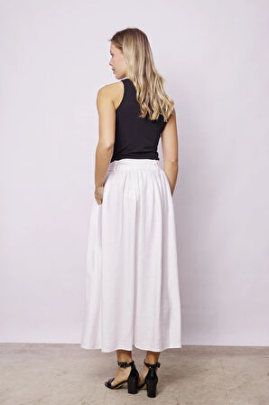 Kadın Belden Bağlamalı Keten Görünümlü Likrasız Kumaş Midi Boy Bilek Üstü Kiloş Etek-Krem