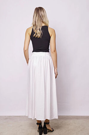 Kadın Belden Bağlamalı Keten Görünümlü Likrasız Kumaş Midi Boy Bilek Üstü Kiloş Etek-Krem