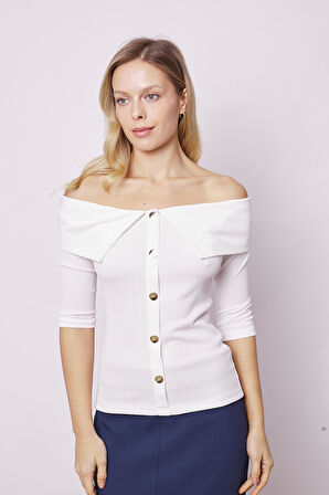 Kadın Metal Düğme Detaylı Kısa Kol Likralı Şık Body Bluz-Krem
