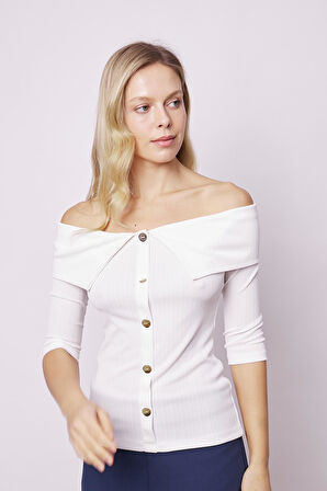 Kadın Metal Düğme Detaylı Kısa Kol Likralı Şık Body Bluz-Krem