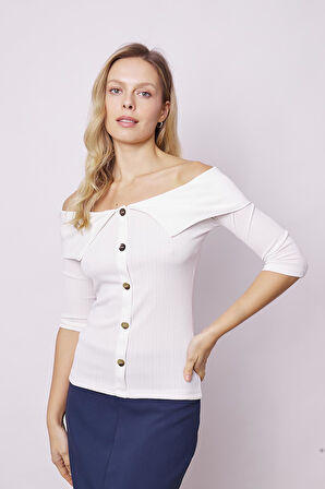 Kadın Metal Düğme Detaylı Kısa Kol Likralı Şık Body Bluz-Krem