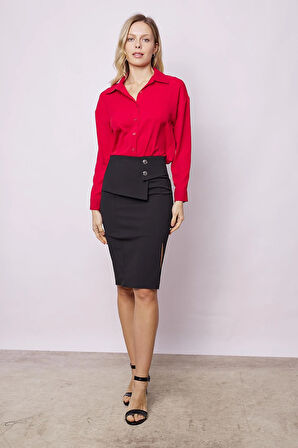 Kadın Yüksek Bel Düğme Detaylı Yırtmaçlı Diz Altı Hafif Likralı Kumaş Kalem Etek-Siyah