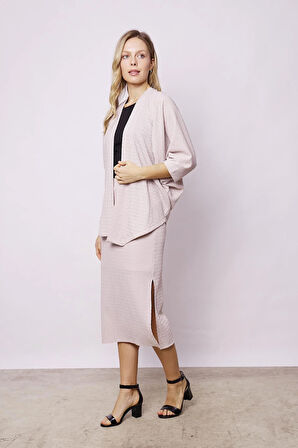 Kadın Delikli Likralı Kumaş Dantel Yüksek Bel Beli Lastikli Yırtmaçlı Midi boy İç Astarlı Kalem Etek-Taş