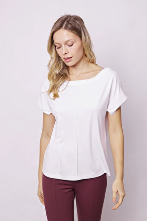 Kadın Likrasız Şık Span Kumaş Kayık Yaka Önü Dikişli Düşük Omuzlu T-shirt Bluz-Beyaz
