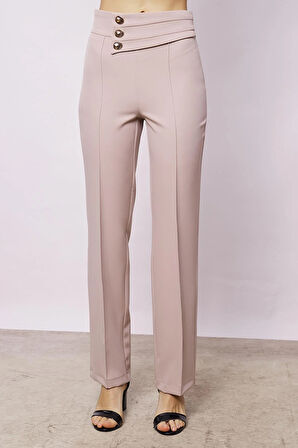 Kadın Yüksek Bel Önü Dikişli Kemeri Düğmeli Rahat Paça Hafif Likralı Kumaş Ofis Pantolon-Taş