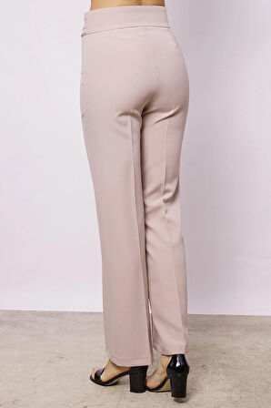 Kadın Yüksek Bel Önü Dikişli Kemeri Düğmeli Rahat Paça Hafif Likralı Kumaş Ofis Pantolon-Taş