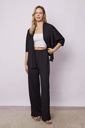 Kadın Delikli Hafif Likralı Kumaş Dantel Yüksek Bel Beli Lastikli Bol Paça Rahat Kesim Palazzo Pantolon-Siyah