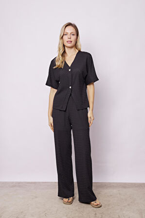 Kadın Delikli Hafif Likralı Kumaş Dantel Yüksek Bel Beli Lastikli Bol Paça Rahat Kesim Palazzo Pantolon-Siyah