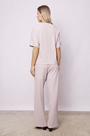 Kadın Delikli Hafif Likralı Kumaş Dantel Yüksek Bel Beli Lastikli Bol Paça Rahat Kesim Palazzo Pantolon-Taş