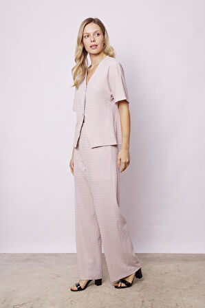 Kadın Delikli Hafif Likralı Kumaş Dantel Yüksek Bel Beli Lastikli Bol Paça Rahat Kesim Palazzo Pantolon-Taş