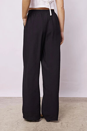 Kadın Keten Görünümlü Beli Lastikli Bol Paça Rahat Kesim Cepli Palazzo Pantolon-Siyah