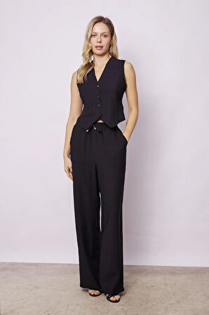 Kadın Keten Görünümlü Beli Lastikli Bol Paça Rahat Kesim Cepli Palazzo Pantolon-Siyah