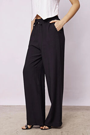 Kadın Keten Görünümlü Beli Lastikli Bol Paça Rahat Kesim Cepli Palazzo Pantolon-Siyah