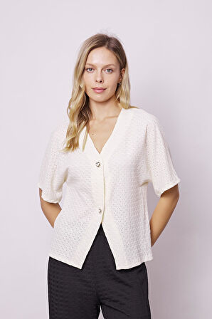 Kadın Salaş Kol Likralı File 1.Sınıf Kumaş Şık Hırka-Krem