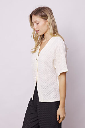 Kadın Salaş Kol Likralı File 1.Sınıf Kumaş Şık Hırka-Krem