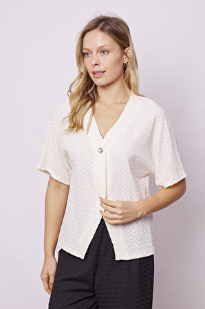 Kadın Salaş Kol Likralı File 1.Sınıf Kumaş Şık Hırka-Krem