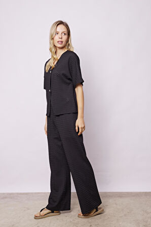 Kadın Salaş Kol Likralı File 1.Sınıf Kumaş Şık Hırka-Siyah