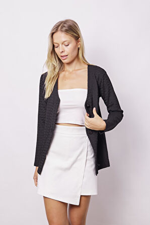 Kadın Delikli Dantel V Yaka Uzun Kol Hırka-Siyah