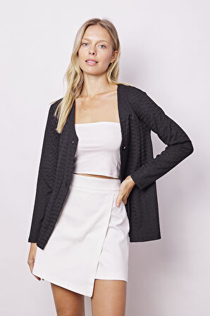 Kadın Delikli Dantel V Yaka Uzun Kol Hırka-Siyah