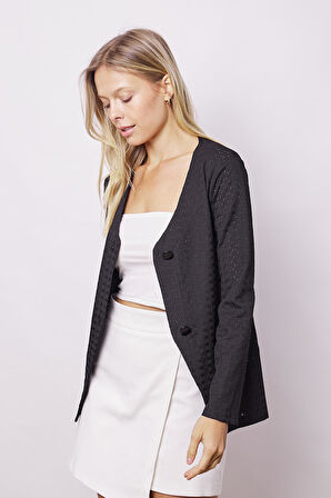 Kadın Delikli Dantel V Yaka Uzun Kol Hırka-Siyah