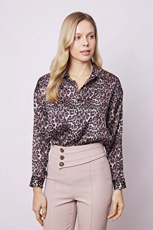 Kadın Desenli Likrasız Kumaş Yakalı Düşük Omuzlu Uzun Kol Gömlek-Leopar
