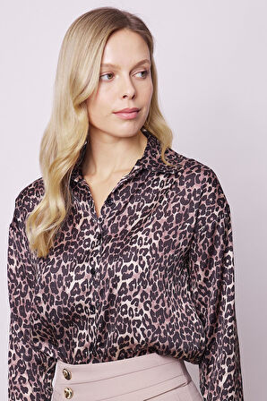 Kadın Desenli Likrasız Kumaş Yakalı Düşük Omuzlu Uzun Kol Gömlek-Leopar