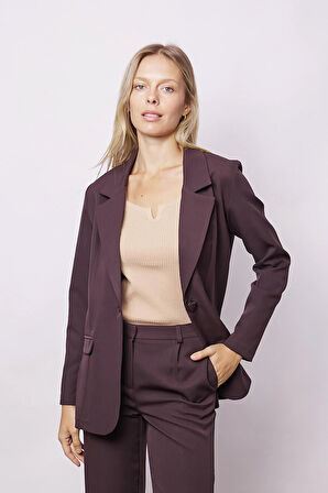 Kadın Yakalı Cep Kapaklı Uzun Kol Hafif Likralı Kumaş Oversize Blazer Ceket(Pantolonu Jument 40075)-Kahve